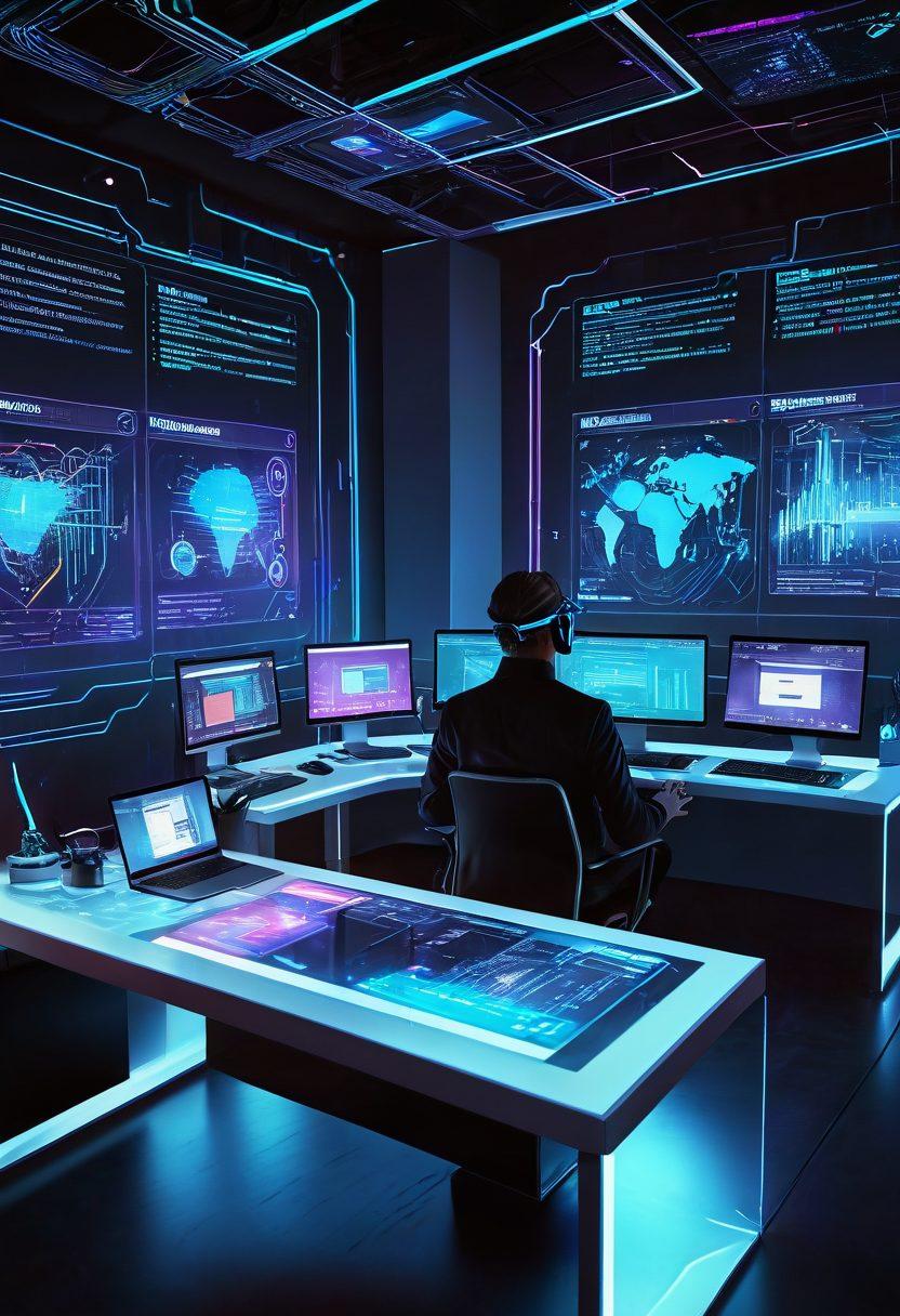 A sleek, modern workspace with various digital devices like laptops, tablets, and smartphones interconnected, representing comprehensive web solutions. A coder at a desk, with a holographic interface projecting website designs and analytics. Vibrant networks and data streaming across the scene to signify a strong online presence. cyberpunk. 3D. vibrant colors