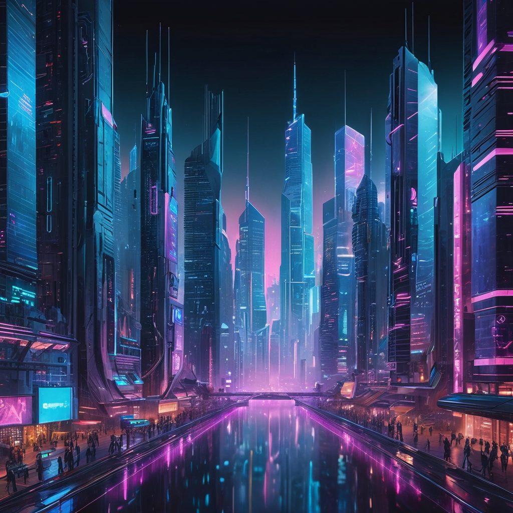 A futuristic cityscape with skyscrapers made of code and digital elements seamlessly integrating into the environment. People are interacting with holographic screens and AI assistants. The image should convey a sense of advanced technology and interconnectedness. neon colors, sleek design, sci-fi aesthetic, vibrant, cyberpunk.
