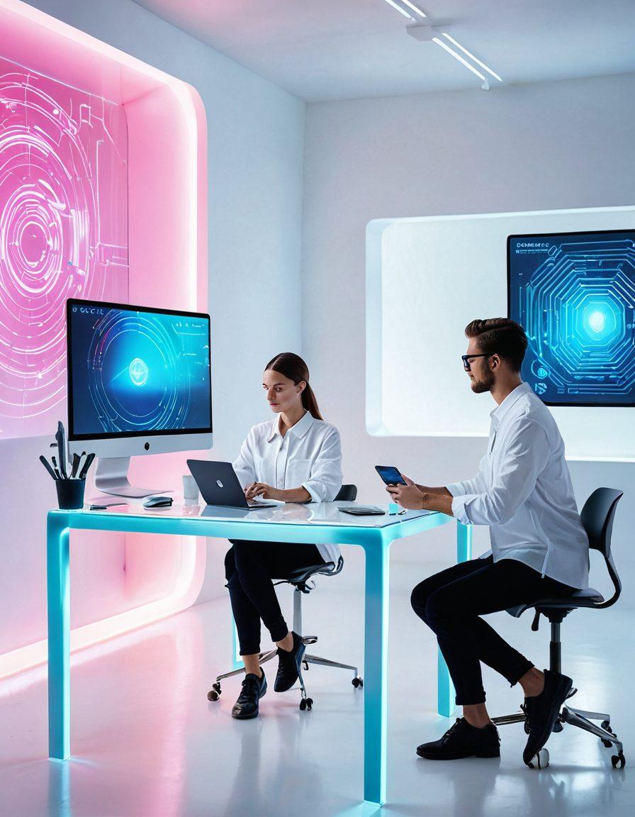 A futuristic digital workshop where skilled artisans craft diverse, bespoke websites on glowing holographic screens, each tailored uniquely to various businesses like a boutique, tech startup, and a coffee shop; vibrant color palette with an inspiring and innovative atmosphere, capturing the essence of customized online solutions. super-realistic. futuristic design. vibrant colors. white background.